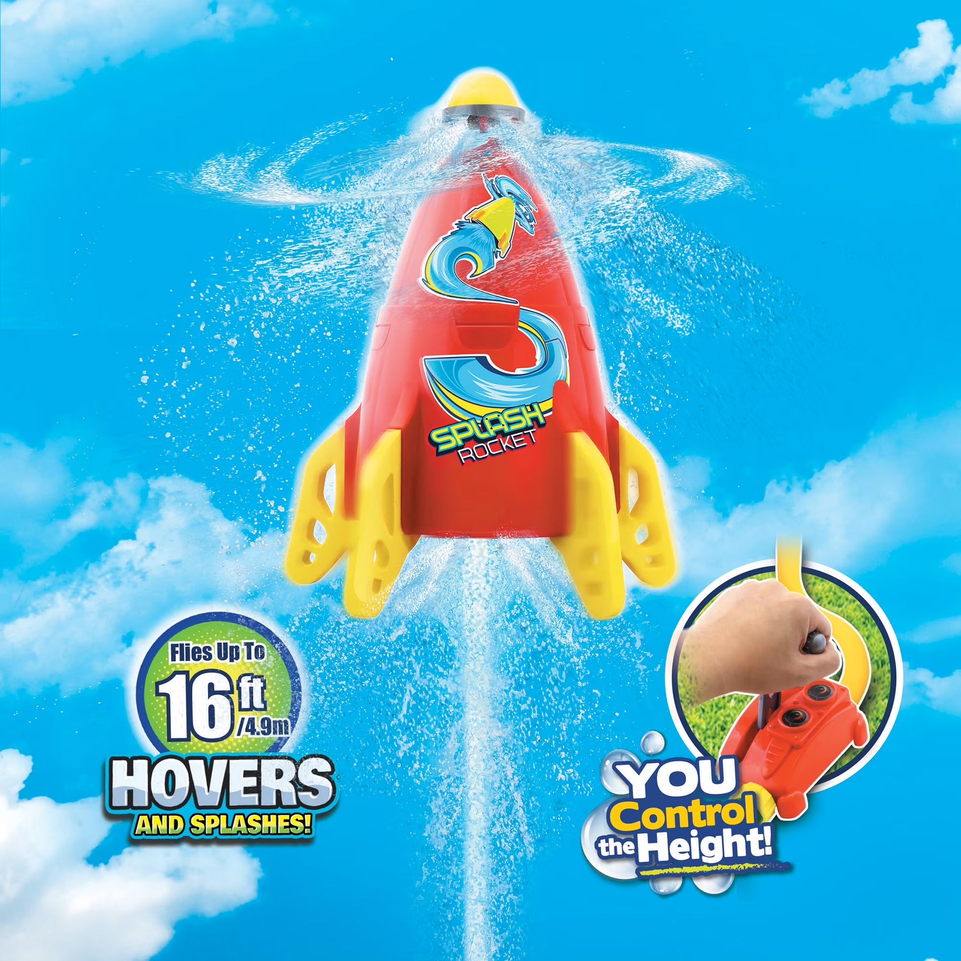 : Water-Powered Splash Rocket Sprinkler - Hovers & Sprays Water, Controllable Launcher, Flies up to 16 Ft, Hose Attaching, Outdoor Toy, Kids 5+