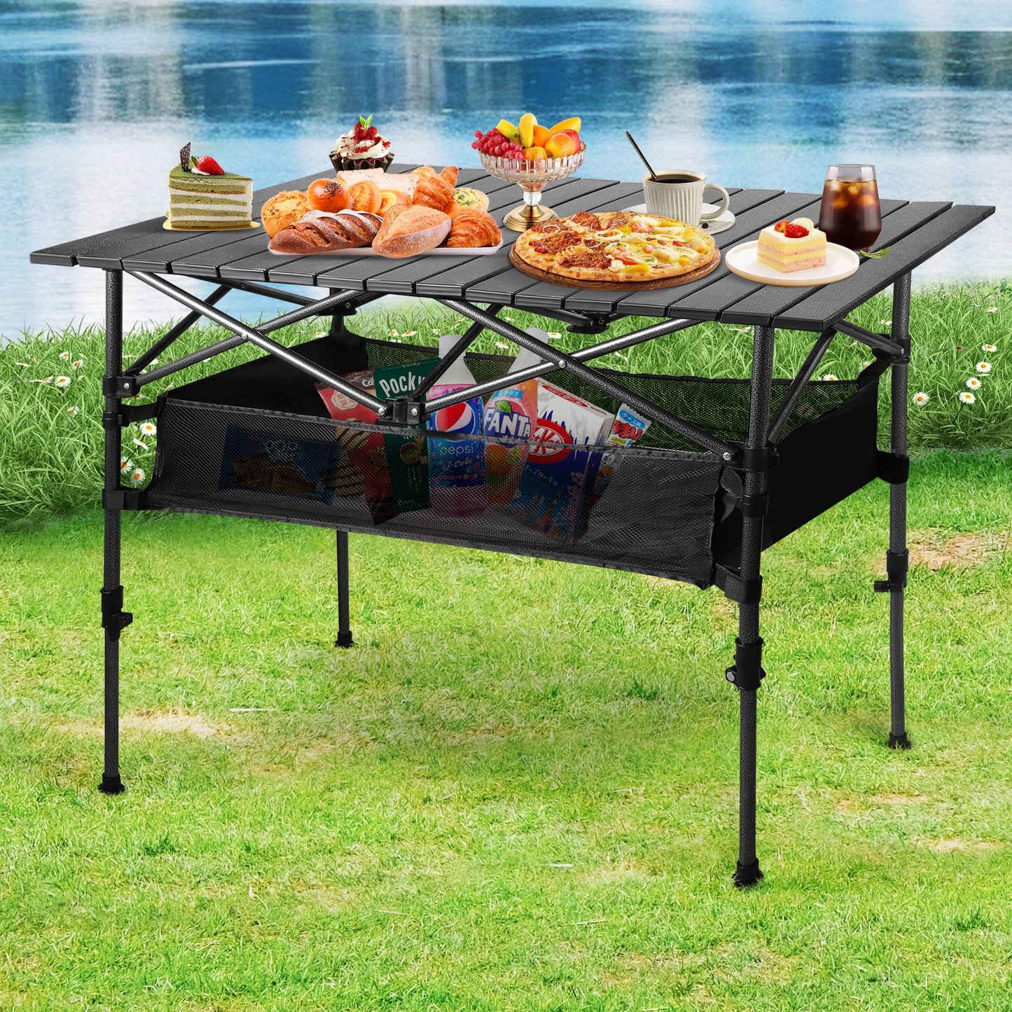 Folding Camping Table Adjustable Height 21-36 in Steel Frame 37 x 22 in Outdoor Picnic Table Black