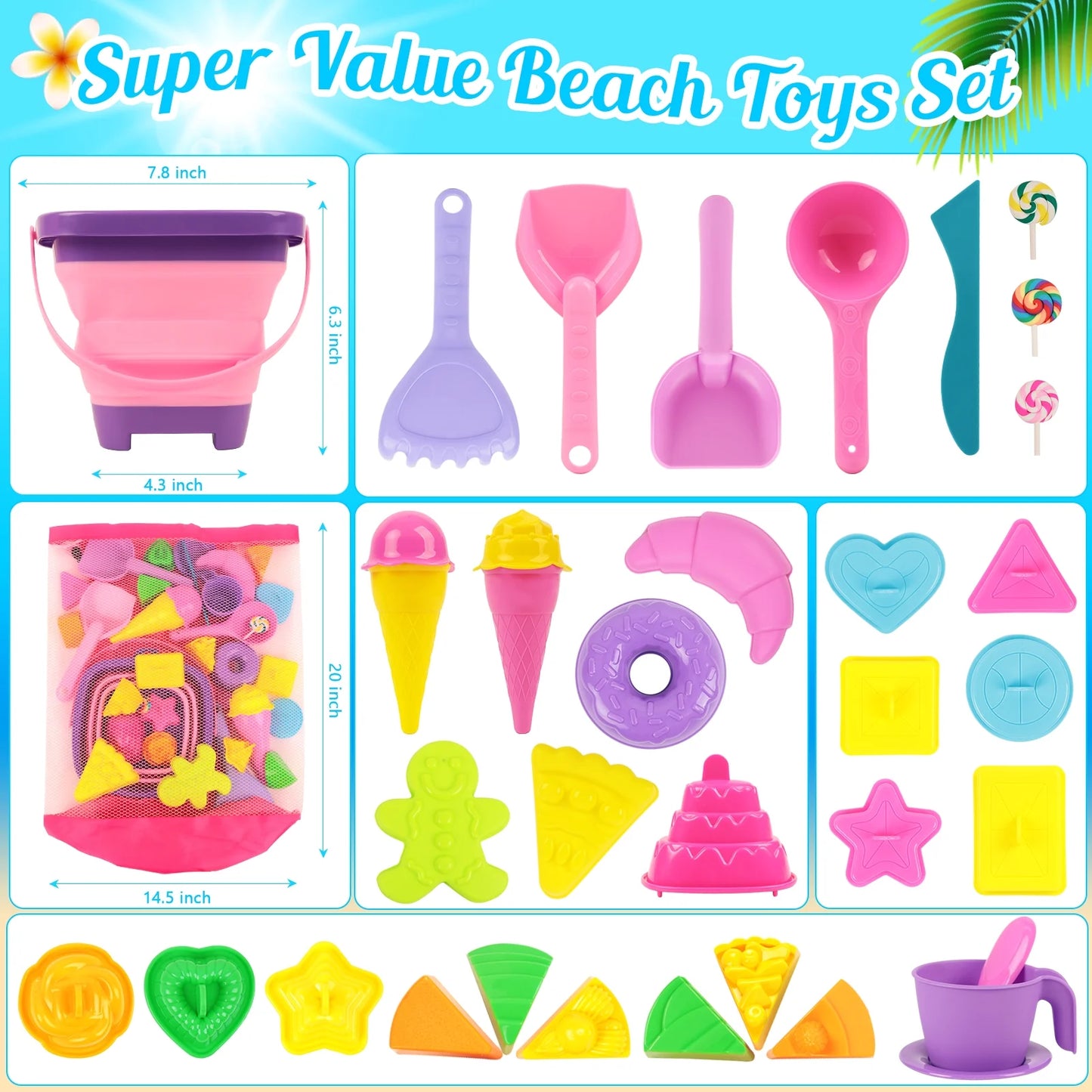 35 Piece Beach Sand Toy Set with Collapsible Silicone Bucket Mesh Bag and Molds Kids Outdoor Sandbox Play Ages 3-12