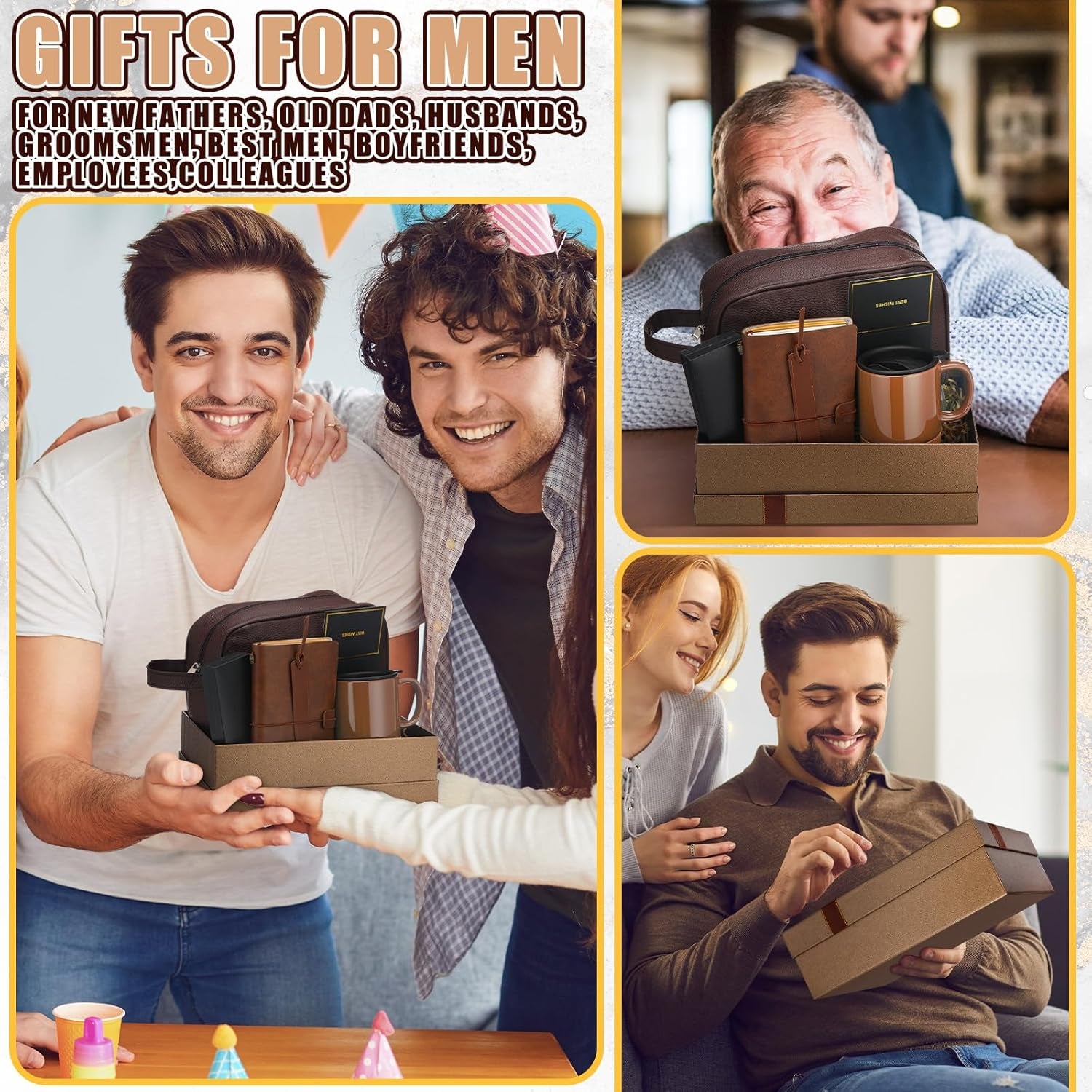 8 Pcs Fathers Day Dad Gifts Set for Mens Gifts Basket Ideas Set Mug PU Leather Notebook Toiletry Bag Bookmark Pen with Box Greeting Card for Dad Grandpa Husband Birthday (Brown)