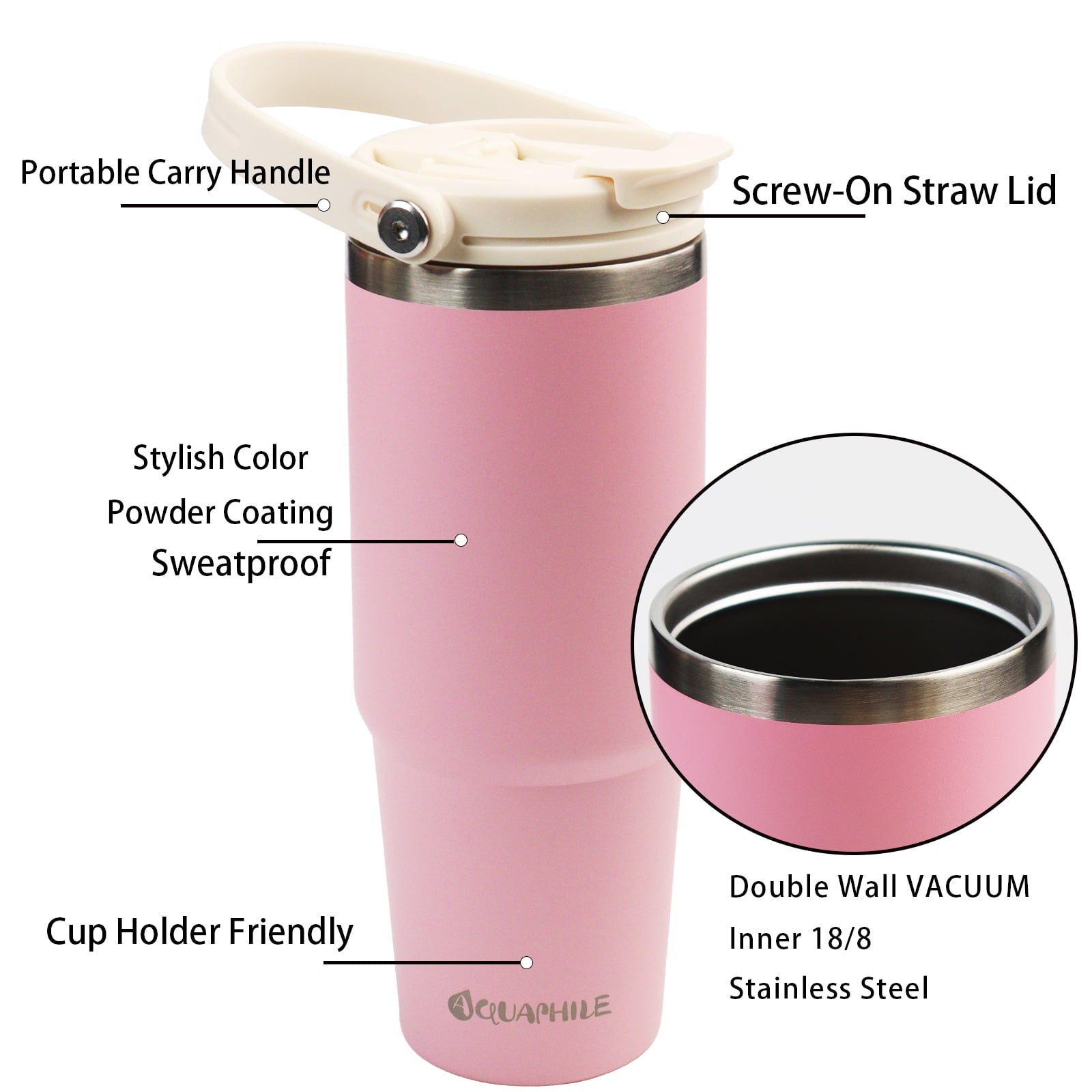 30 Oz Insulated Water Bottle with Straw Lid & Handle - Double Wall Vacuum Stainless Steel Tumbler Leakproof Travel Mug Pink