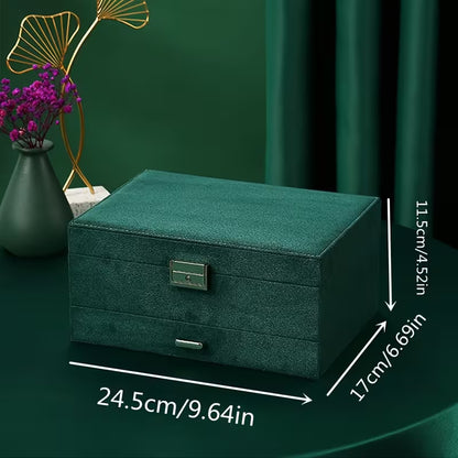 Deep green velvet jewelry box with a drawer on a green backdrop, shown with size measurements