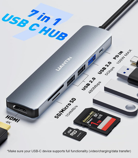 USB C Hub 7 in 1 Multiport Adapter with 4K HDMI Dongle, 100W PD, SD/TF Card Reader, 3 USB-A, USBC Docking Station for Macbook Mac Pro/Air, Dell, HP, ASUS, Acer and Other Type C Laptops
