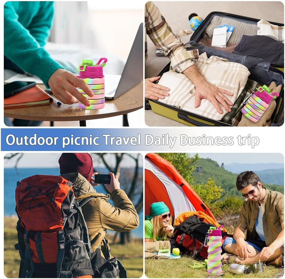 Silicone Collapsible Water Bottles, 16Oz 500Ml Portable Foldable Expandable Water Bottle Sports Cups, Leak Proof Reusable BPA Free, for Outdoor Activities Travel(2# Pink)