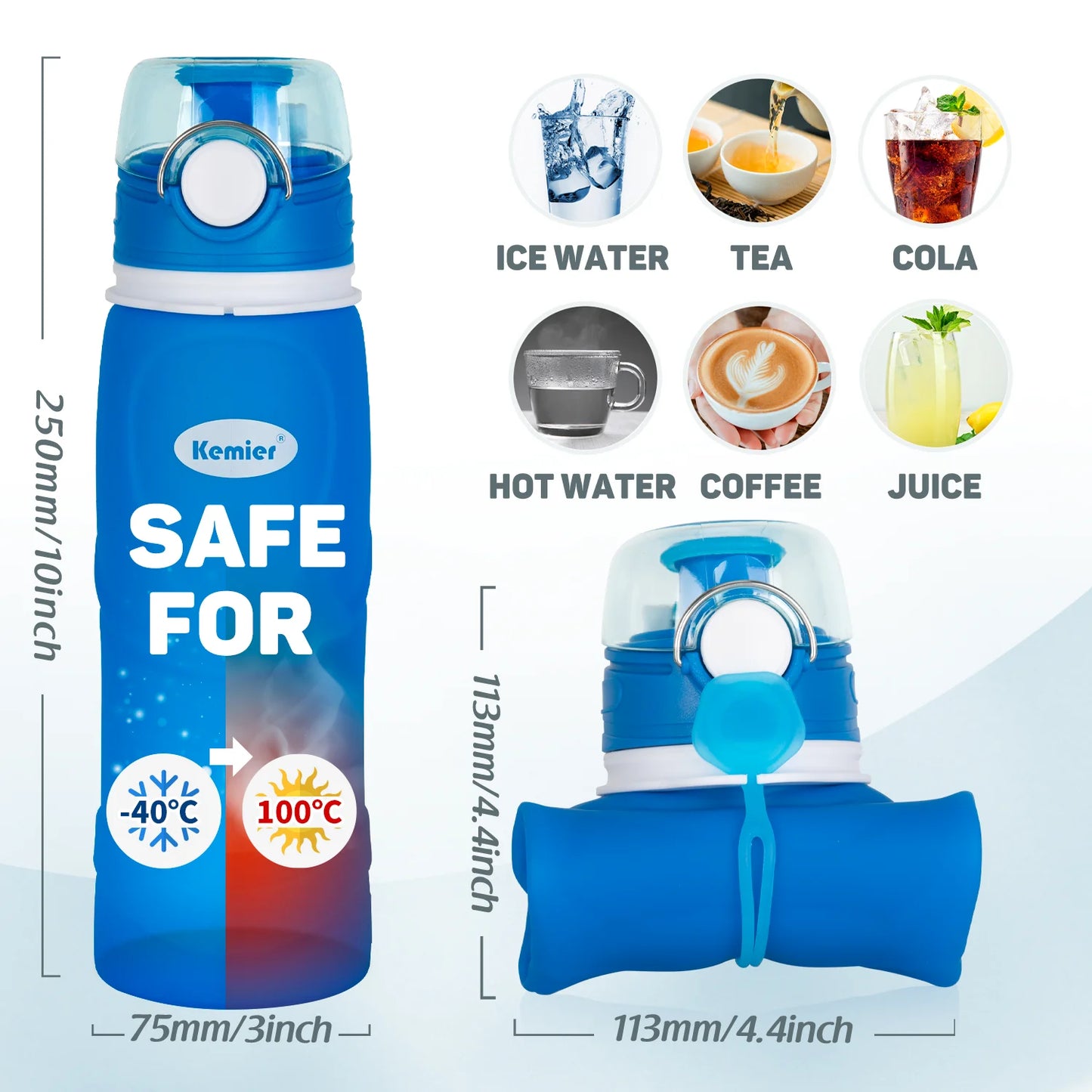 Collapsible Silicone Water Bottle 750ml 26oz Medical Grade BPA Free Leak Proof Foldable Travel Sports Outdoor Water Bottle with Carabiner