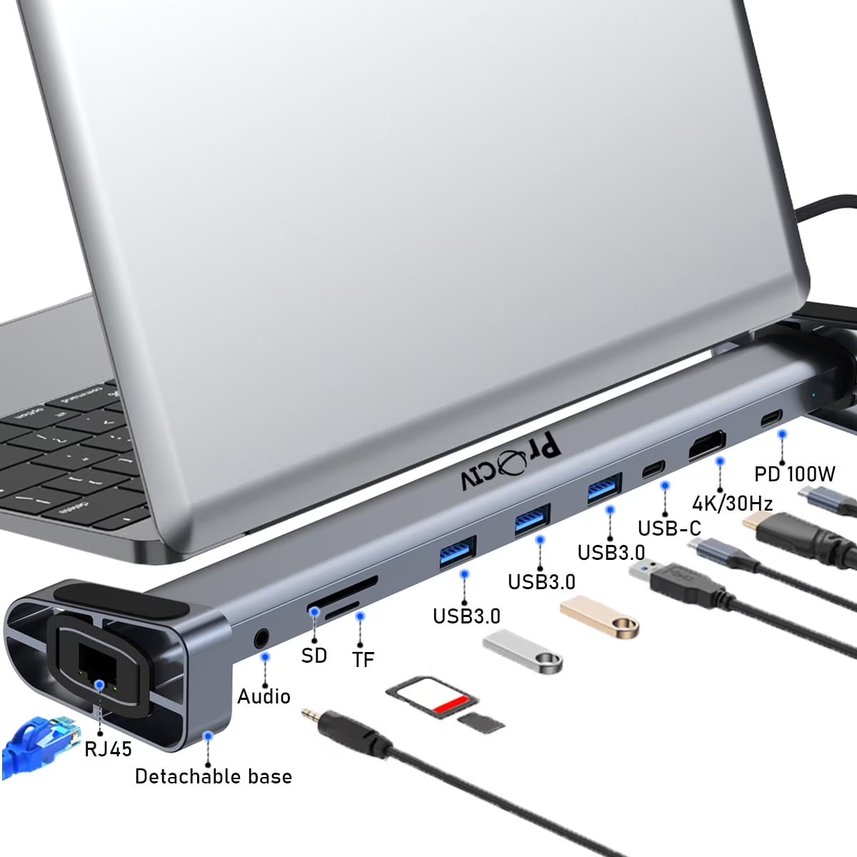 USB C Laptop Docking Station Stand, 10 in 1 Folding Tilt Stand Triple Display USB C , 4K, PD 100W, USB 3.0, TF, SD, Audio, RJ45 for Macbook & Windows