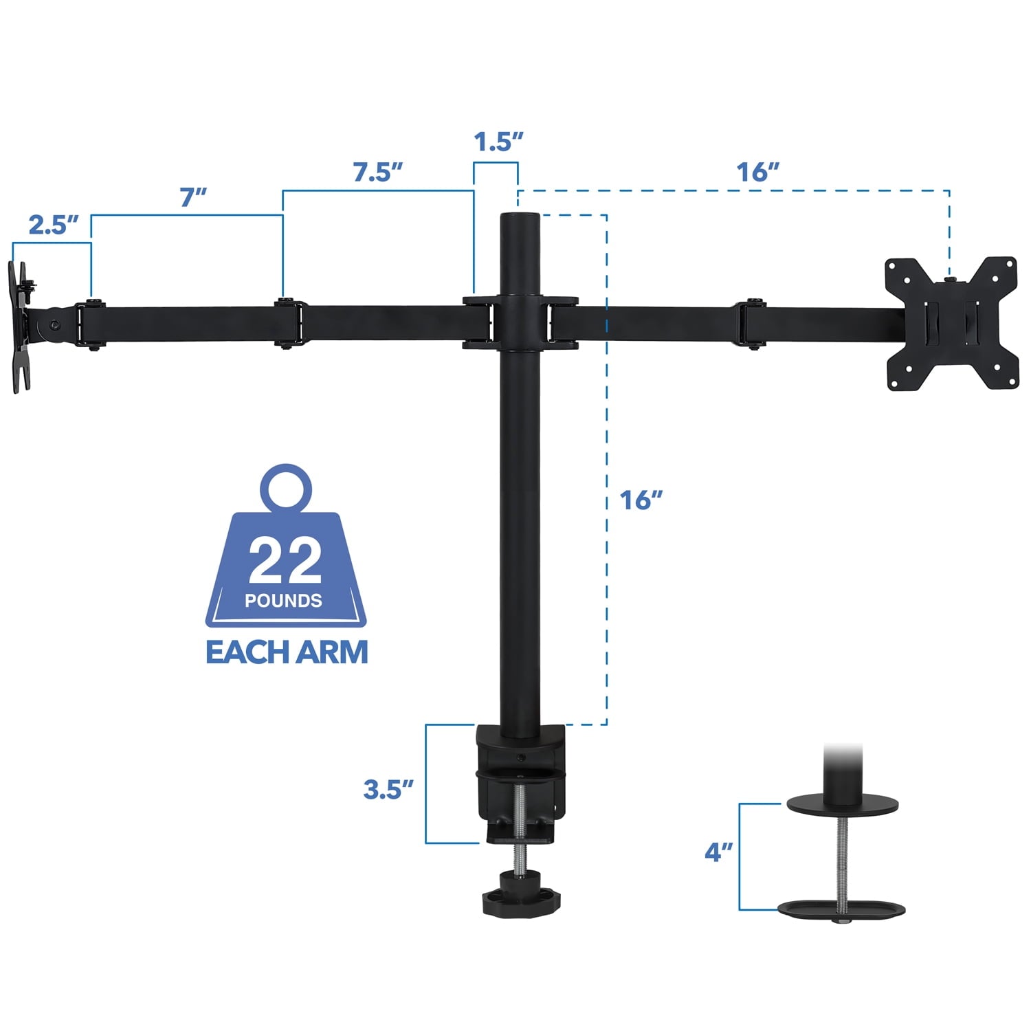 Adjustable Dual Monitor Desk Mount with Full-Motion Arms, Steel, 17–32 in Screens, 22 lbs Capacity