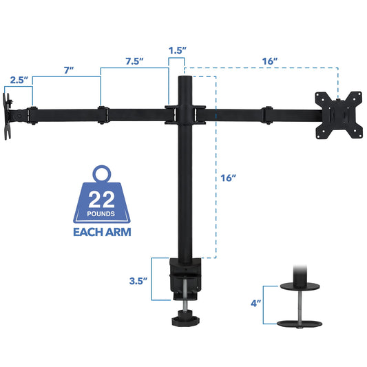 Adjustable Dual Monitor Desk Mount with Full-Motion Arms, Steel, 17–32 in Screens, 22 lbs Capacity