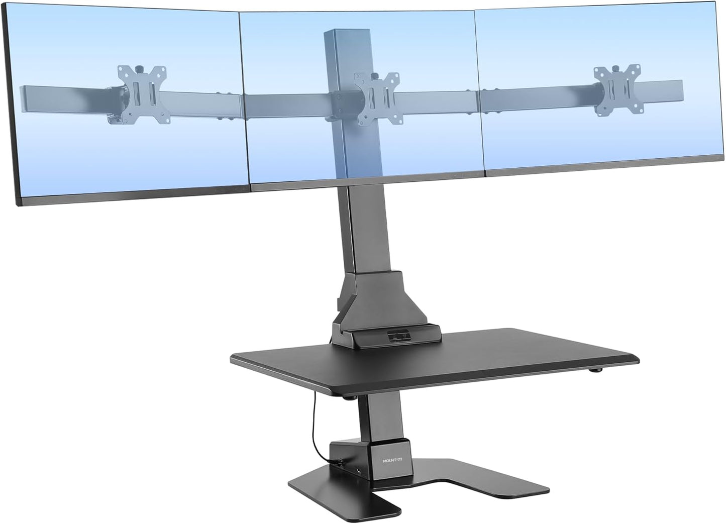 Triple Monitor Electric Standing Desk Converter with Height Adjustable Desktop, 3 Mounts for 13–32 in Screens, Sit-Stand Workstation, Black