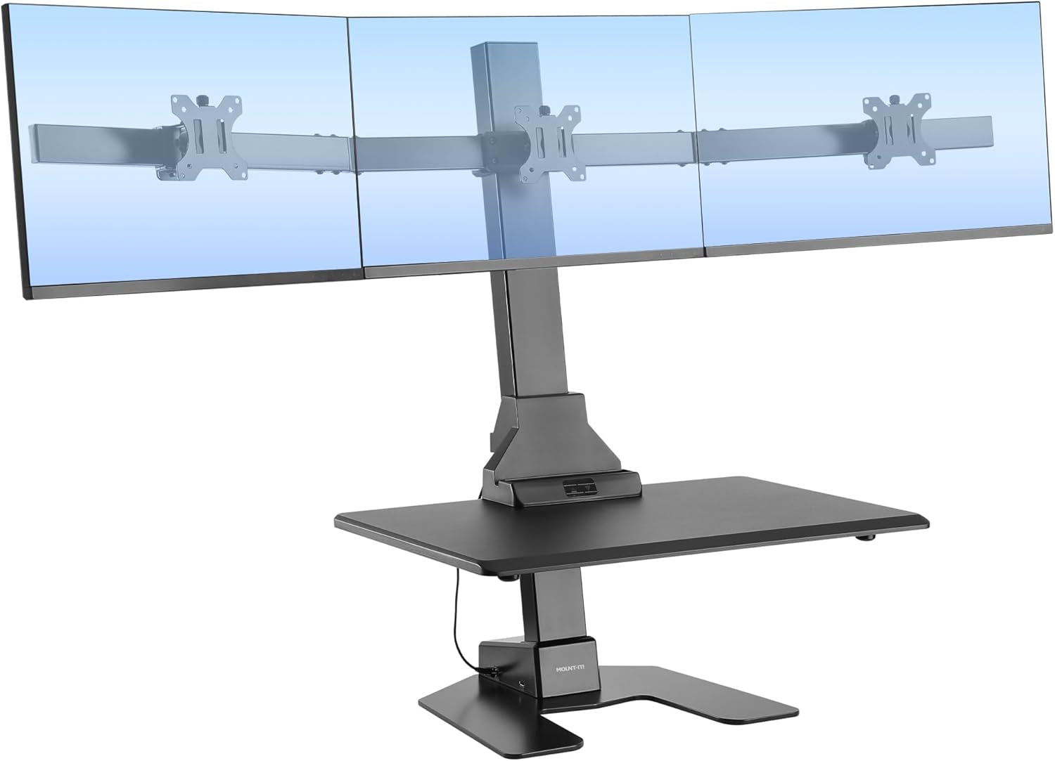 Triple Monitor Electric Standing Desk Converter with Height Adjustable Desktop, 3 Mounts for 13–32 in Screens, Sit-Stand Workstation, Black