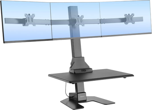 Triple Monitor Electric Standing Desk Converter with Height Adjustable Desktop, 3 Mounts for 13–32 in Screens, Sit-Stand Workstation, Black