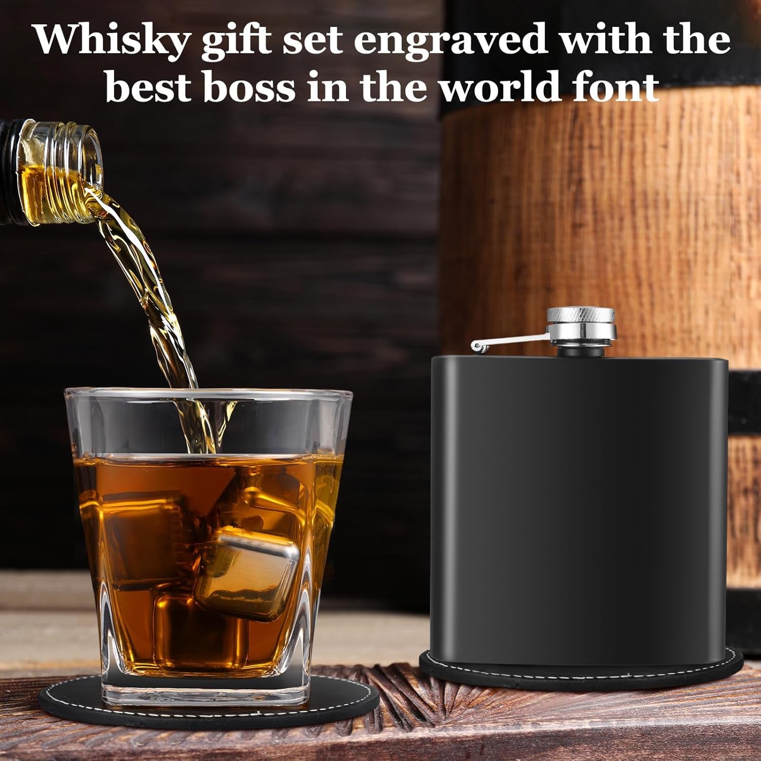 Gifts for Men Dad,12 Pcs Whiskey Gifts Set with Whiskey Glasses Stainless Steel Stones Flask Coaster Pen Card for Father'S Day Birthday Retirement Gift for Husband Drinking Lover(Classic)