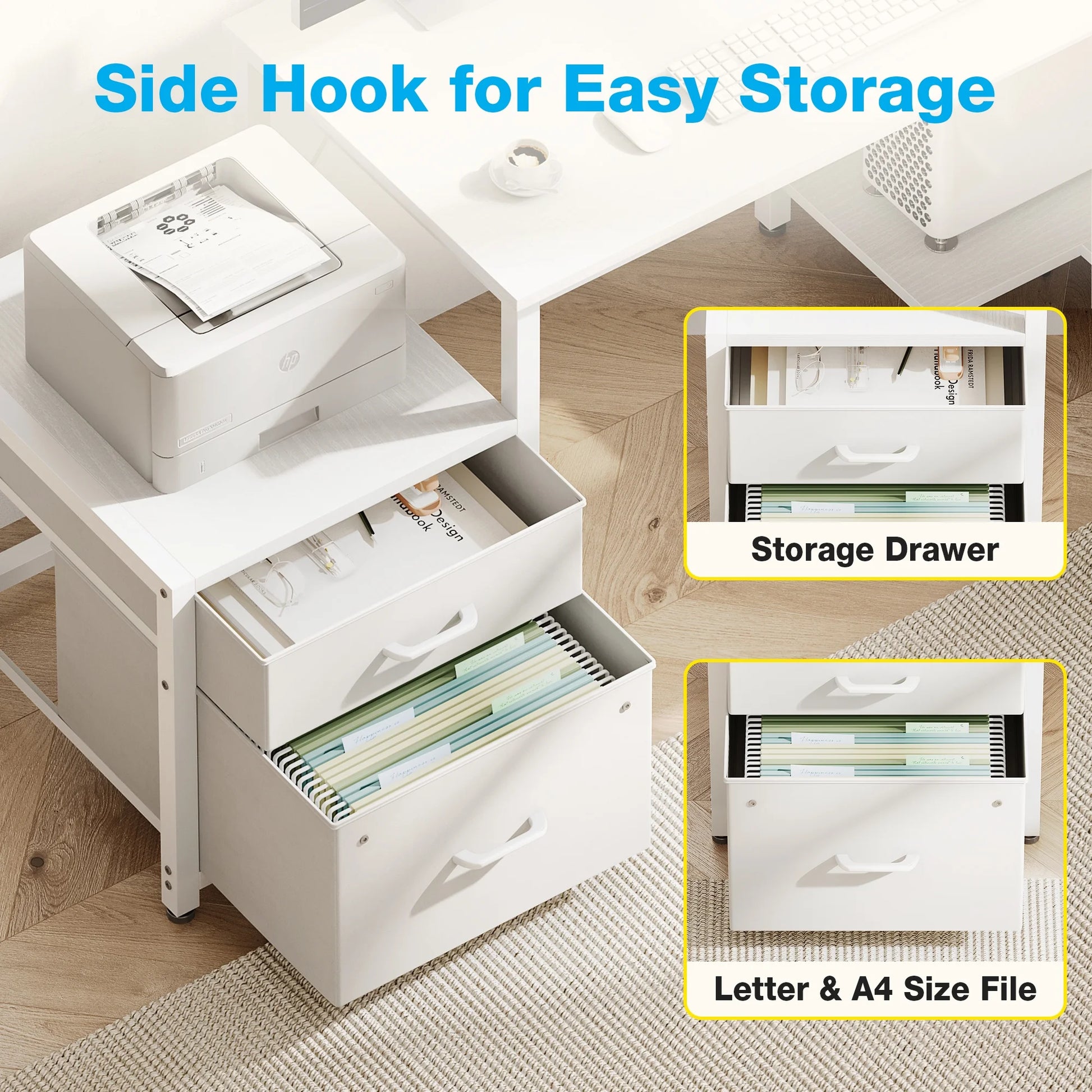 L Shaped Desk with Power Outlets, Large Computer Desk with File Drawer, Home Office Desk with Printer Stand & Storage Shelves, Corner Desk, White