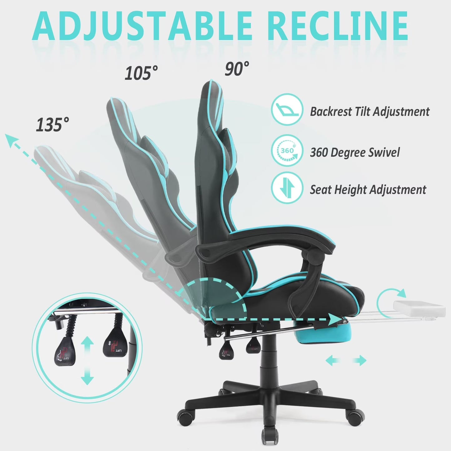 Gaming Chair Office Chair with Footrest, Ergonomic Massage Chair with Lumbar Pillow, Headrest for Adults Teens, Blue