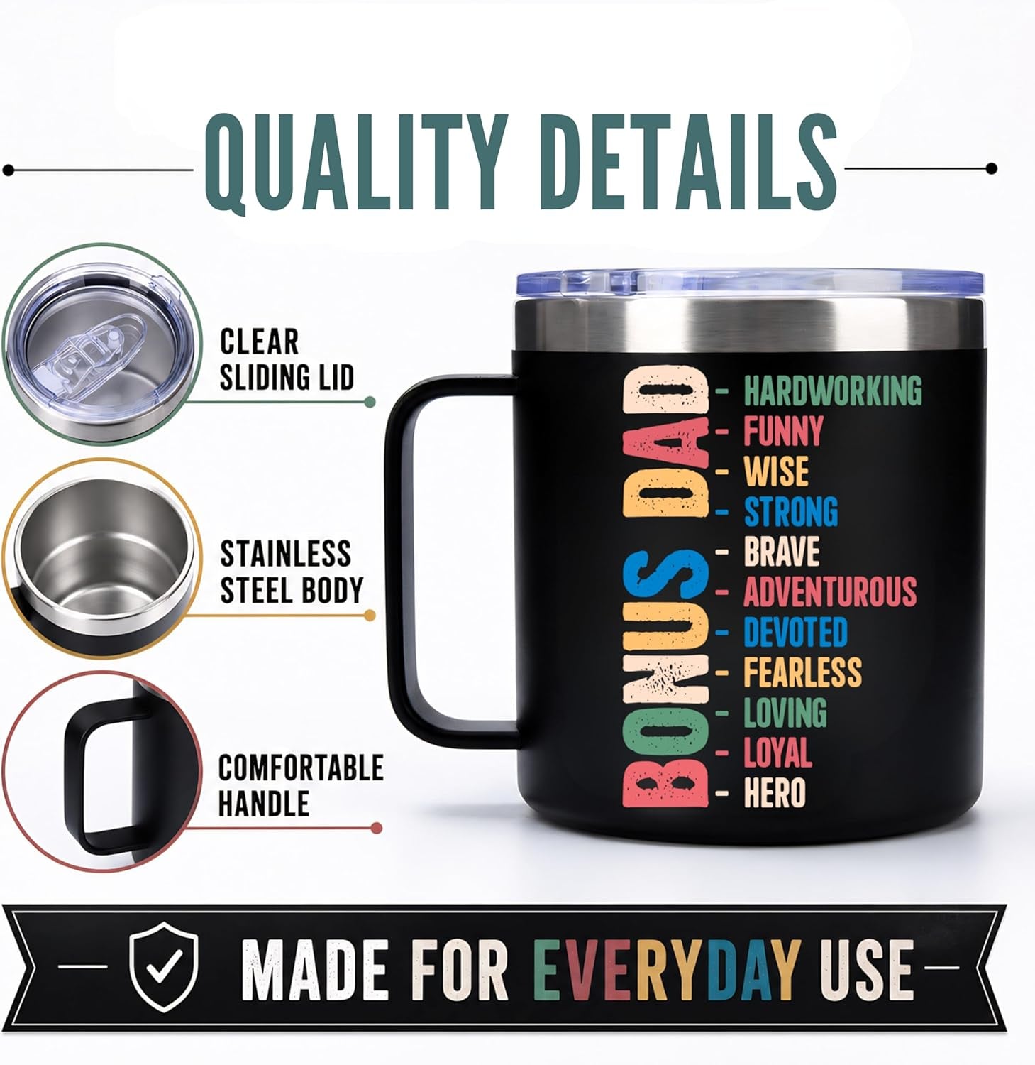 Bonus Dad Fathers Day Gift, Bonus Dad Gifts, Fathers Day Gift for Stepdad from Daughter, Son, Wife, 14 Oz Stainless Steel Mug, Best Step Dads Giftss, Stepped up Dads Gifts for Father'S Day, Birthday