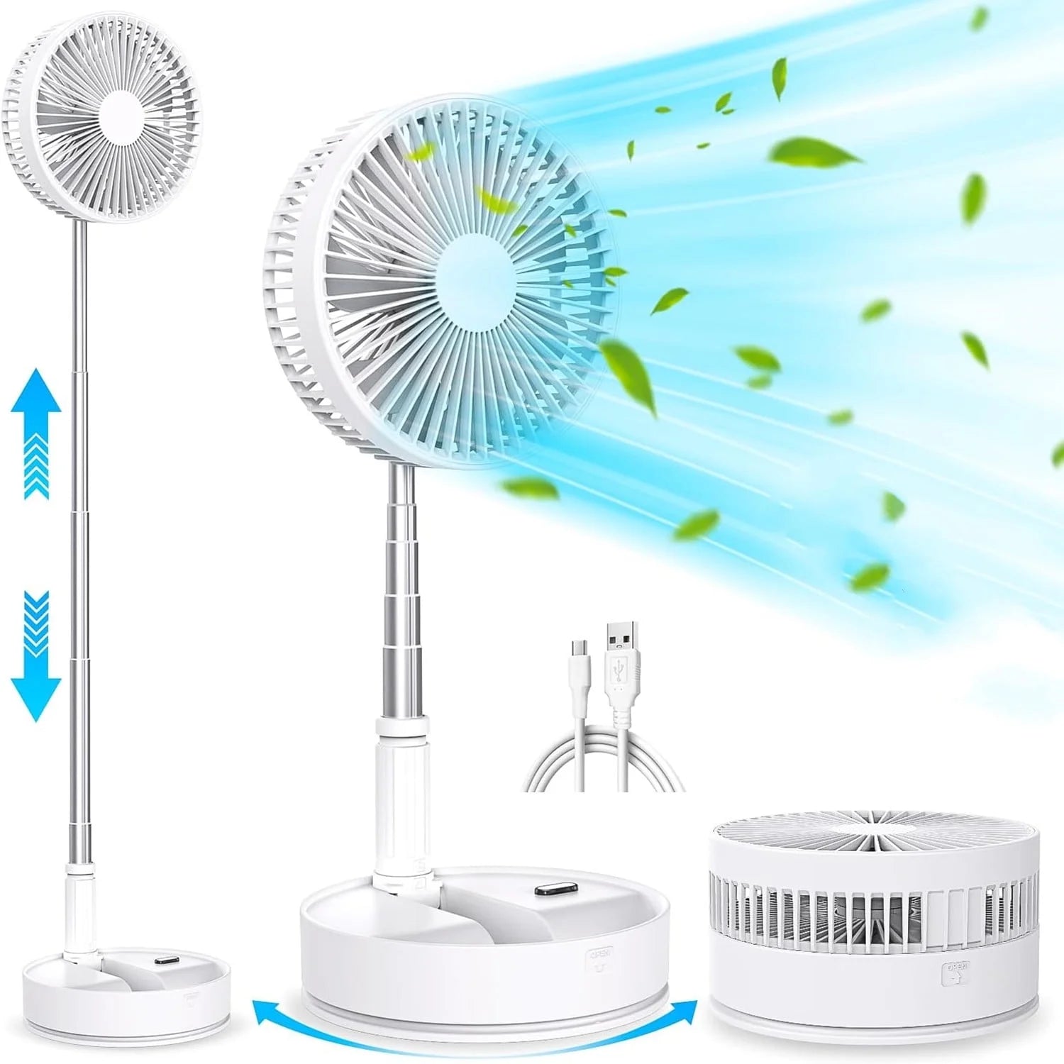 2-in-1 Cordless Foldable Stand Fan Portable Desk Fan 7200mAh Rechargeable 4 Speeds Adjustable Height 14.2-39 in with Power Bank Function