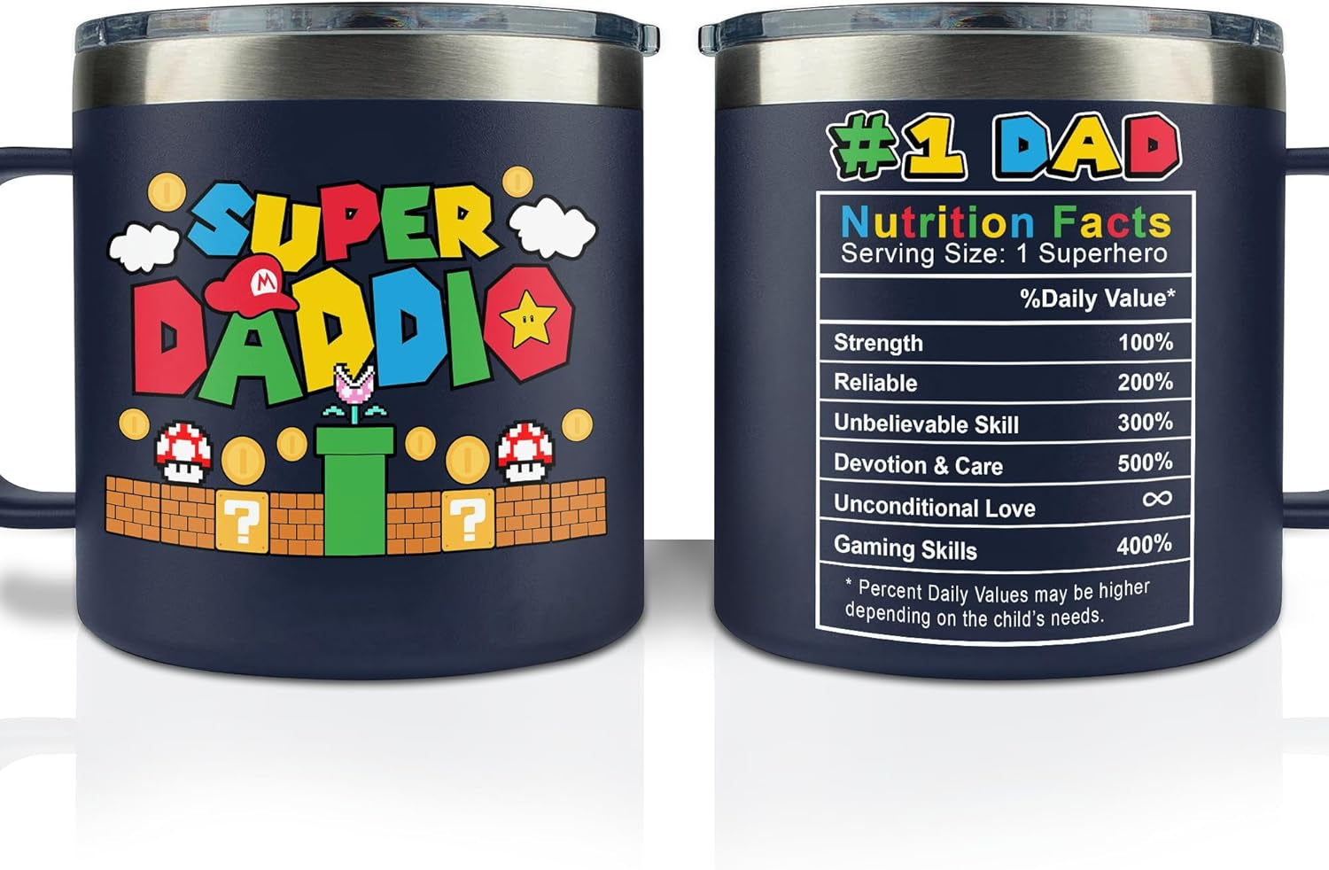 14Oz Super Daddio Travel Coffee Mug Tumbler - No. 1 Dad Nutrition Facts - Christmas, Fathers Day, Birthday Gift for Dad from Daughter Son Kid - Insulated Stainless Steel Cup with Handle