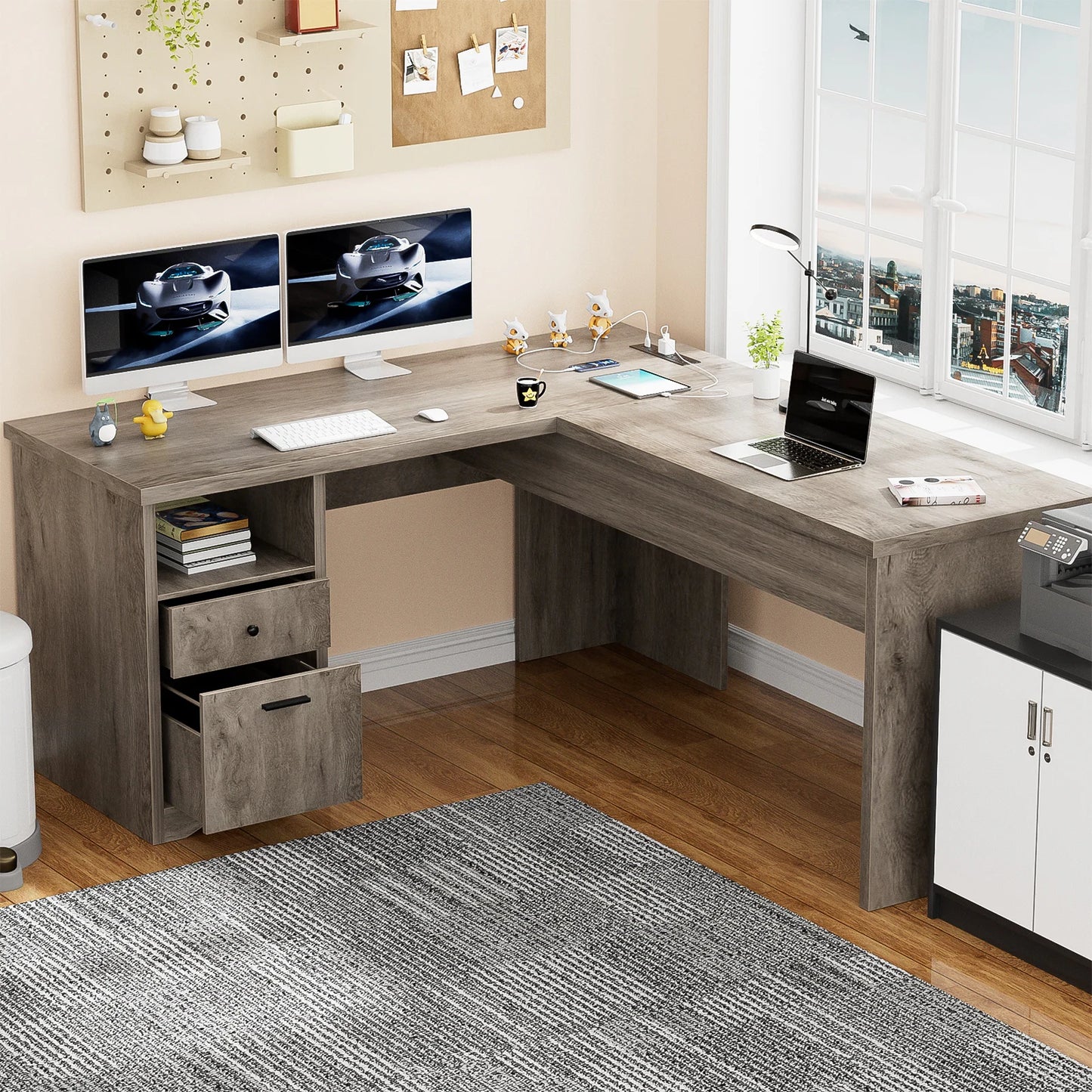 Lift Top L-Shaped Desk with Charge Station, Corner Standing Desk with File Drawers for Home Office