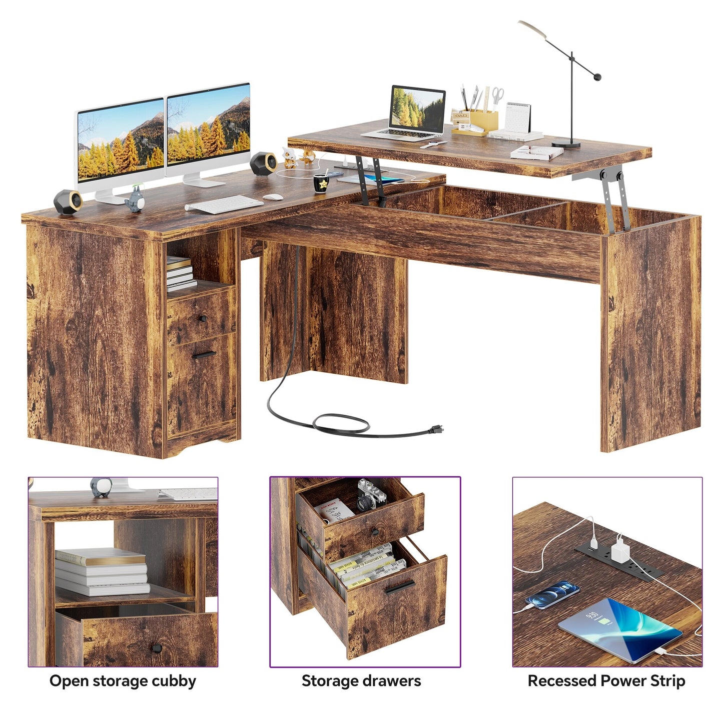 Lift Top L-Shaped Desk with Charge Station, Corner Standing Desk with File Drawers for Home Office
