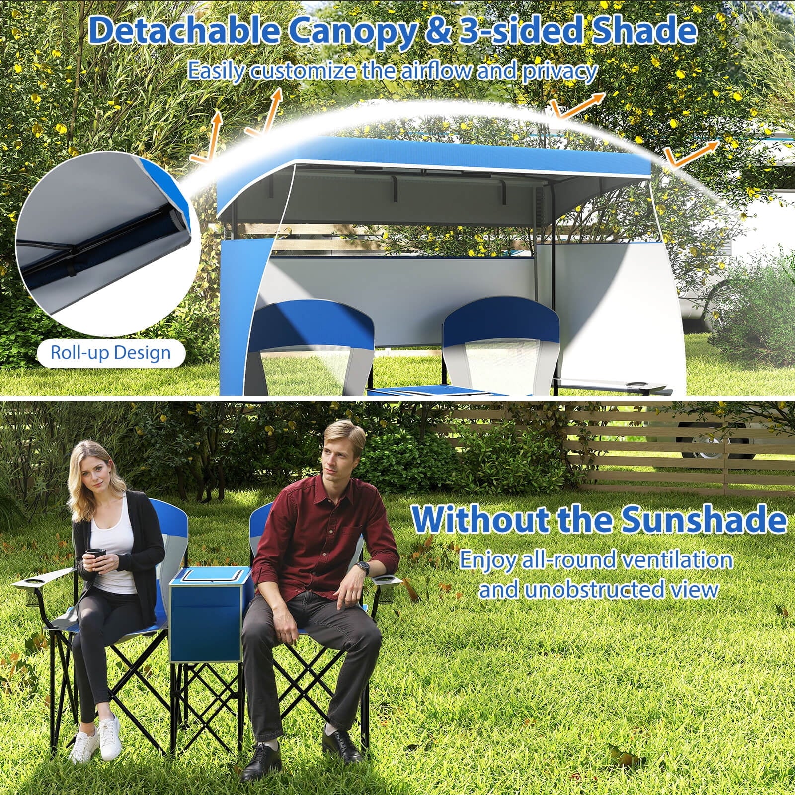 Double Beach Chair with Adjustable Canopy Oversized Folding Camping Chair Navy