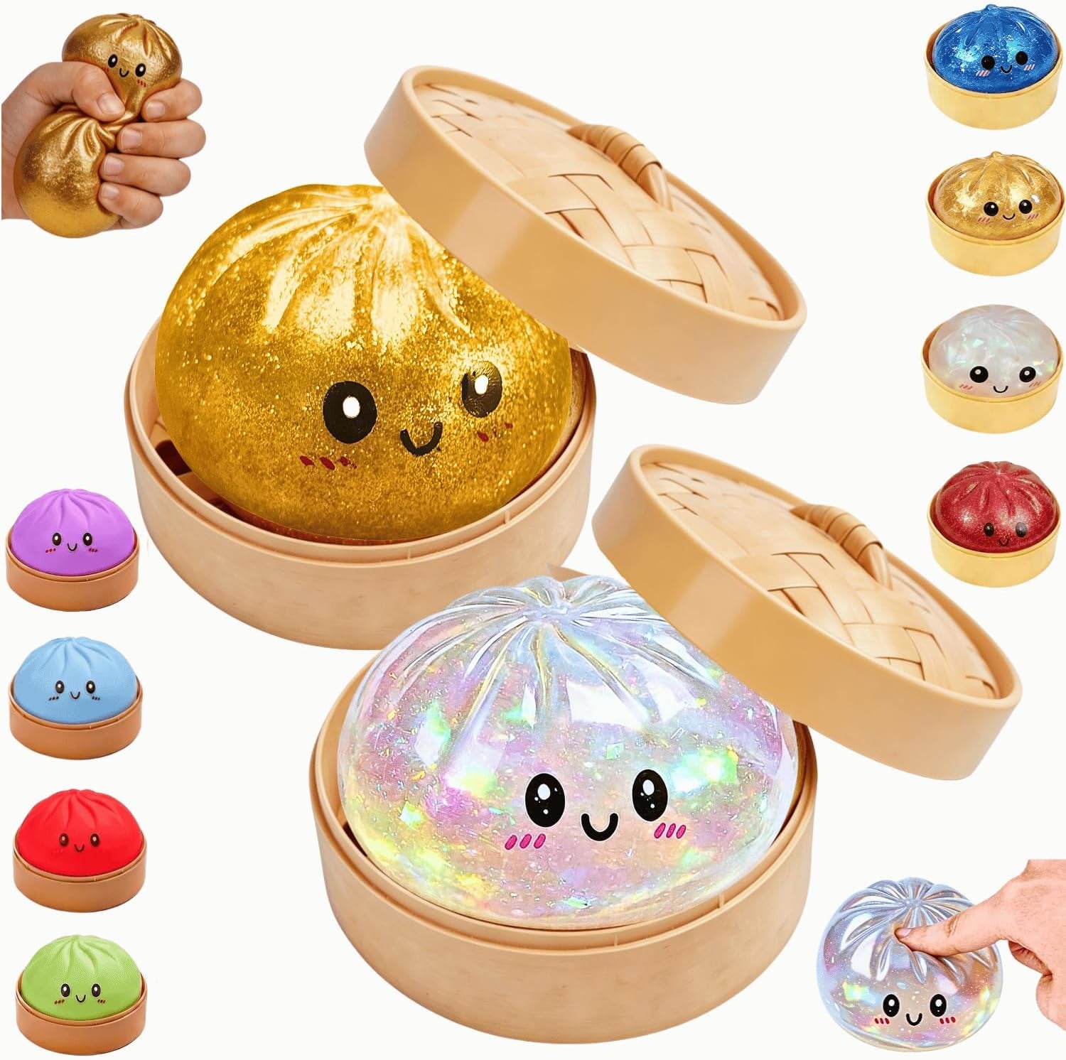 Dumpling Squishy, 2PCS Glitter Squishy Dumpling Toys, Squishies Dumplings with Mystery Steamer Box, Stress & Anxiety Relief Toys for Kids & Adults Non-Edible (Glitter White Gold)