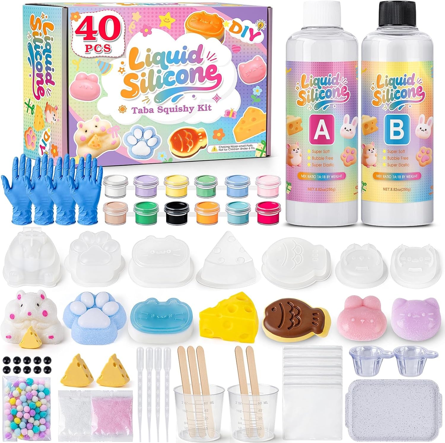 Taba Squishy Making Kit, DIY Taba Squishy Kit, 18Oz Fufu Squishy 7 Molds Silicone, Liquid Silicone 1:1 AB Ratio Epoxy Resin Mix for Squishy, Stress Relief Taba Squishies, Gifts for Any Occasion