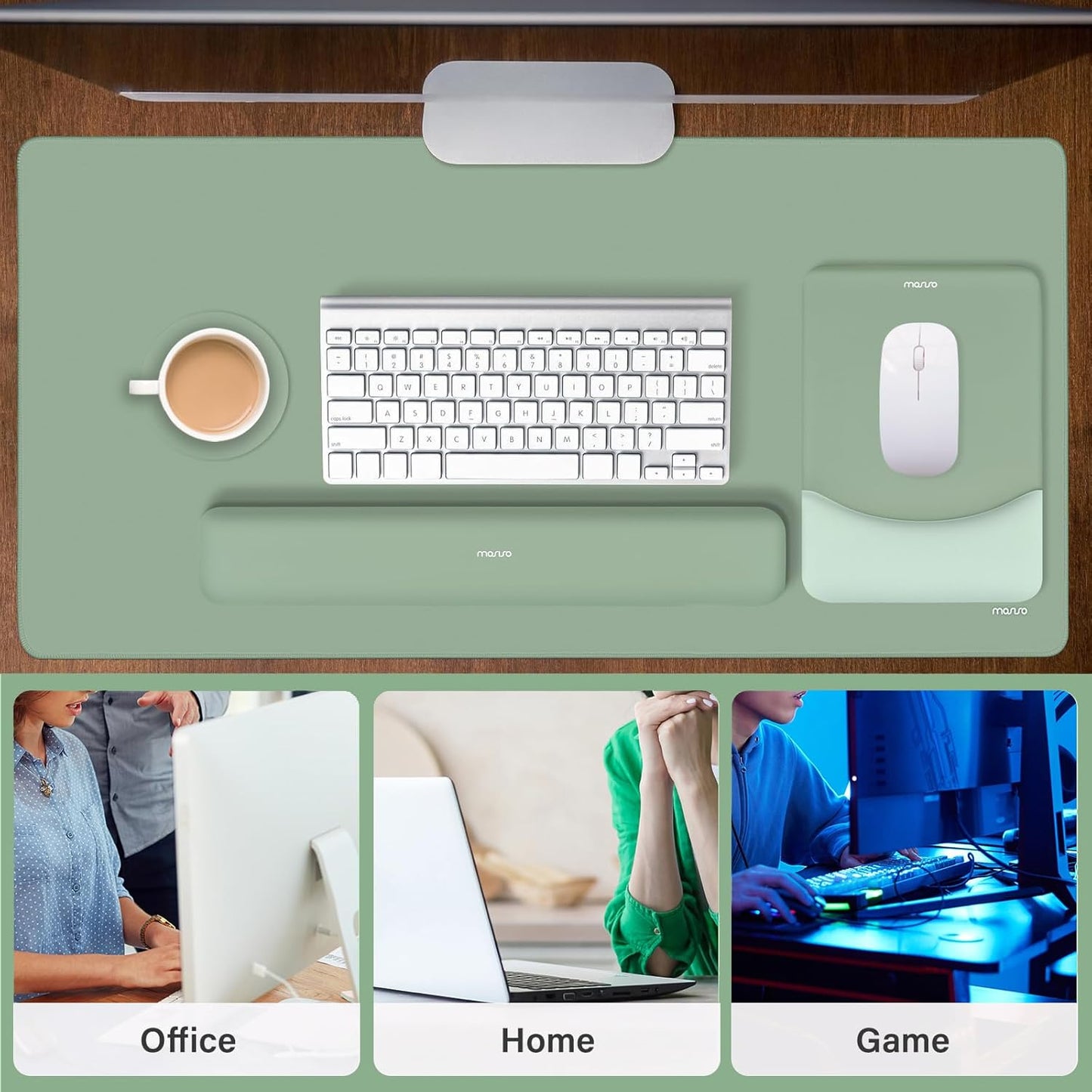Keyboard Mouse Pad Set, Large Gaming Mouse Pad&Rectangular Keyboard Wrist Rest&Mousepad with Wrist Rest&Coaster, Ergonomic Non-Slip&Easy Typing Pad with Curved Silicone Lining, Antique Green