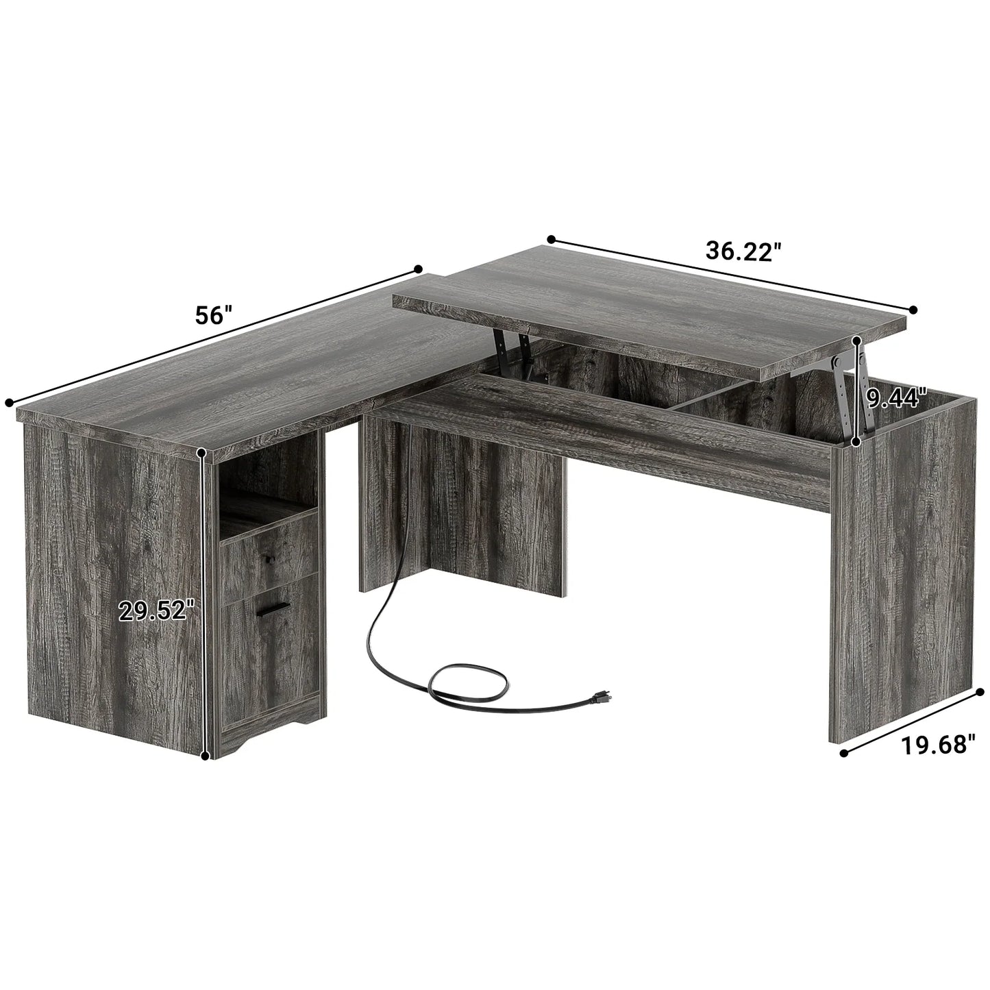Lift Top L-Shaped Desk with Charge Station, Corner Standing Desk with File Drawers for Home Office