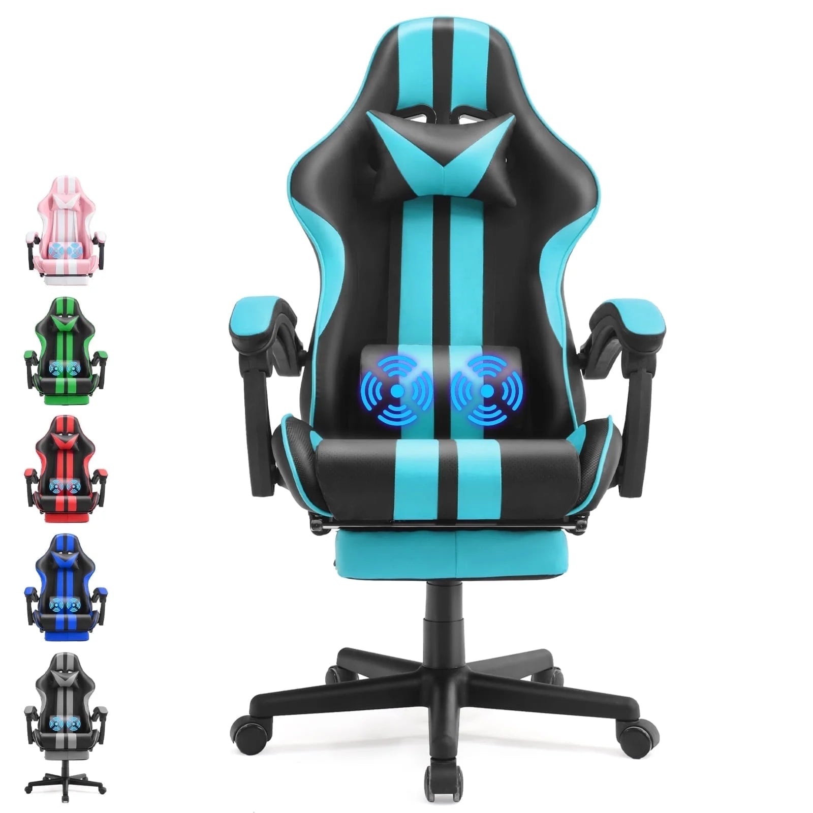Gaming Chair Office Chair with Footrest, Ergonomic Massage Chair with Lumbar Pillow, Headrest for Adults Teens, Blue