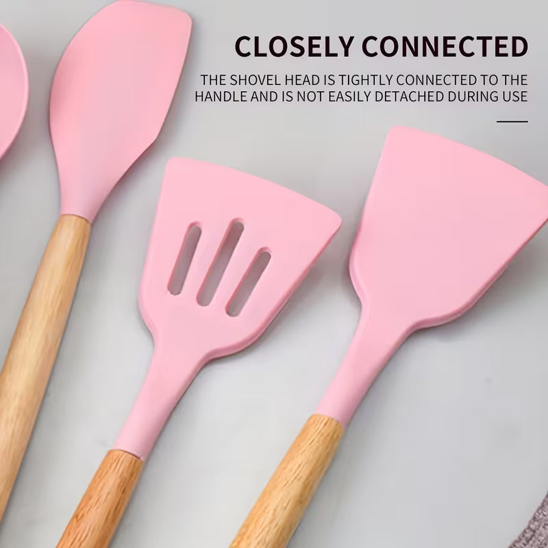 Heat-Resistant Cooking Utensil and Knife Set with Wooden Handles, Pink
