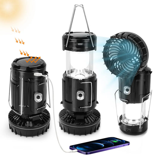 Solar Camping Lantern with Rechargeable Battery, Collapsible LED Light and Integrated Cooling Fan, Portable Emergency Light for Outdoor, Black