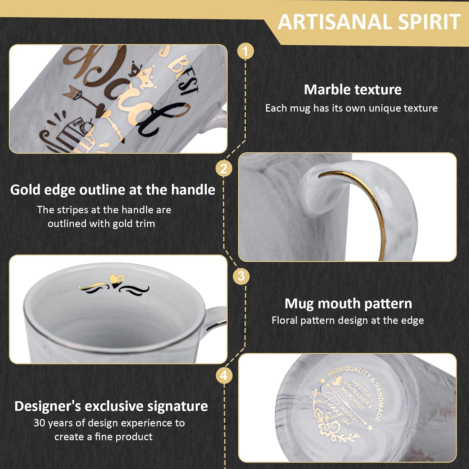 Fathers Day Birthday Gifts Presents for Dad from Daughter Son - World'S Best Dad - Funny Daddy Mug with Gold Print, 14Oz Grey Marble Ceramic Coffee Cup, with Lid Spoon Greeting Card, Nice Gift Boxed