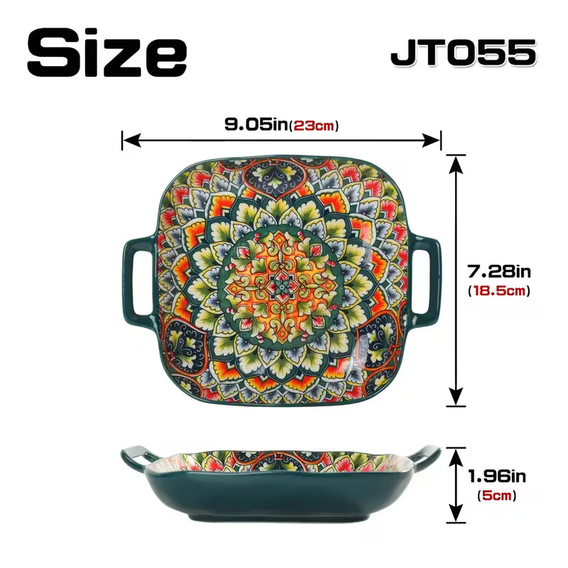 Set of 2 Square Ceramic Trays with Double Handles, Bohemian Floral