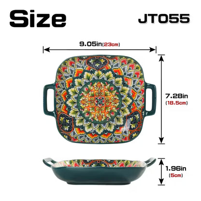 Set of 2 Square Ceramic Trays with Double Handles, Bohemian Floral