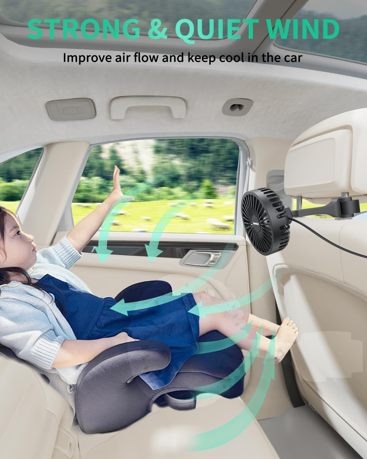 Car Fan for Rear Seat USB Powered Powerful 3 Speed 5V Fan with Adjustable Clip for Vehicles SUV RV