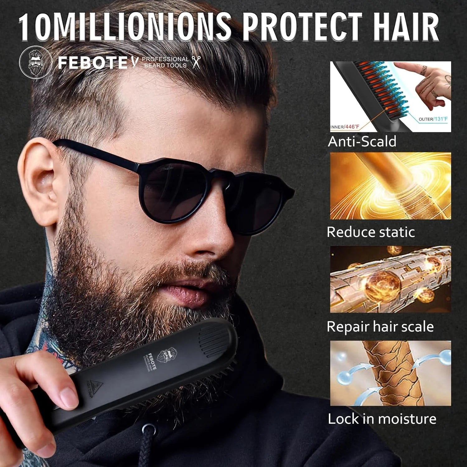 Febote Beard Straightener Kit for Men, Heated Ceramic Beard Straightening Brush for Coarse Curly Beard Hair, All-In-One Grooming Kit with Oil, Balm, Comb, Scissors & Travel Case, Gift for Him