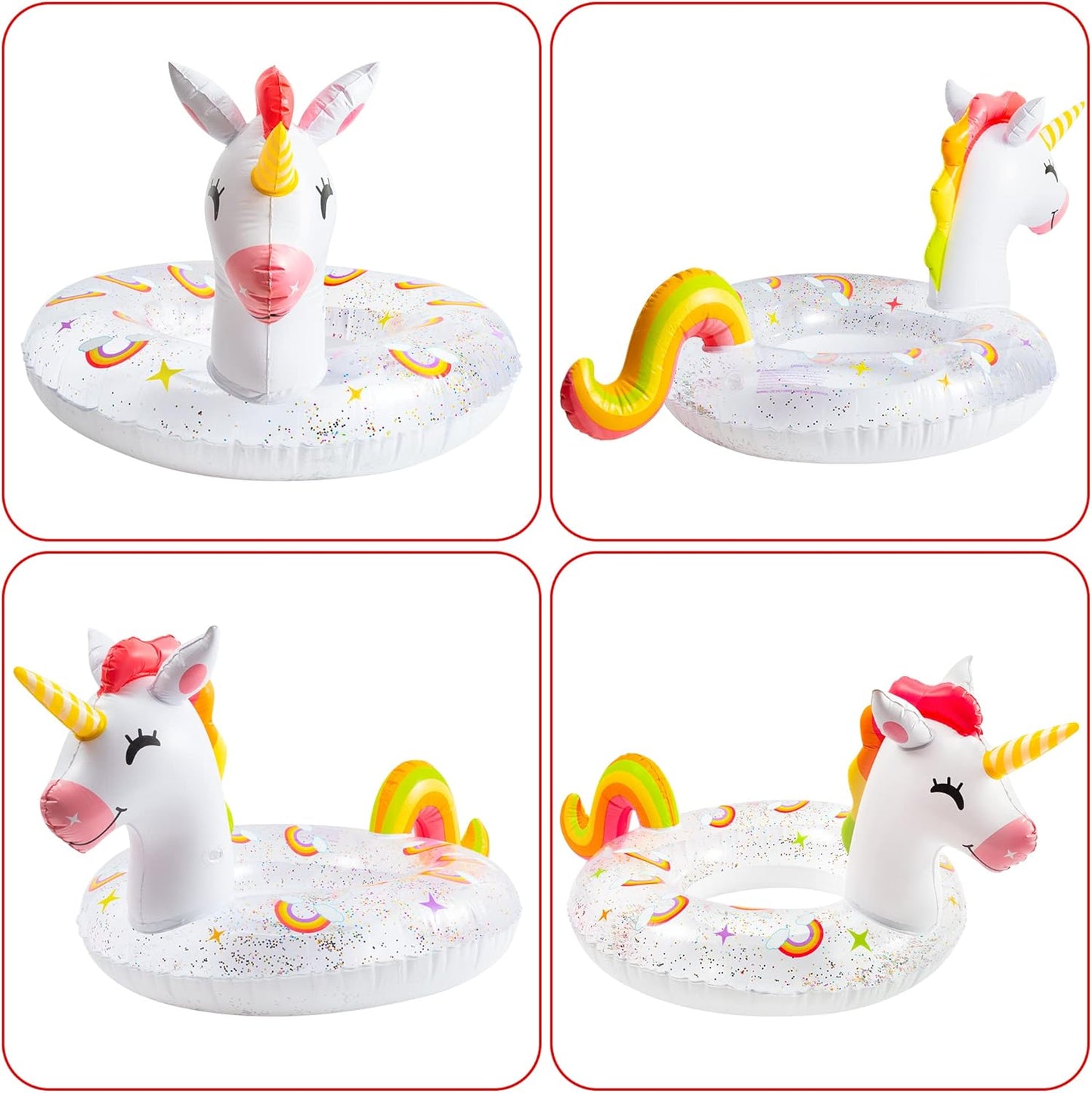 Unicorn Inflatable Pool Float with Glitters Inflation Swimming Ring Outdoor Water Inflatable Lounge Raft Tube Summer Fun Beach Floaties Vinyl Swim Floaty Pool Toy for Kids Adults White