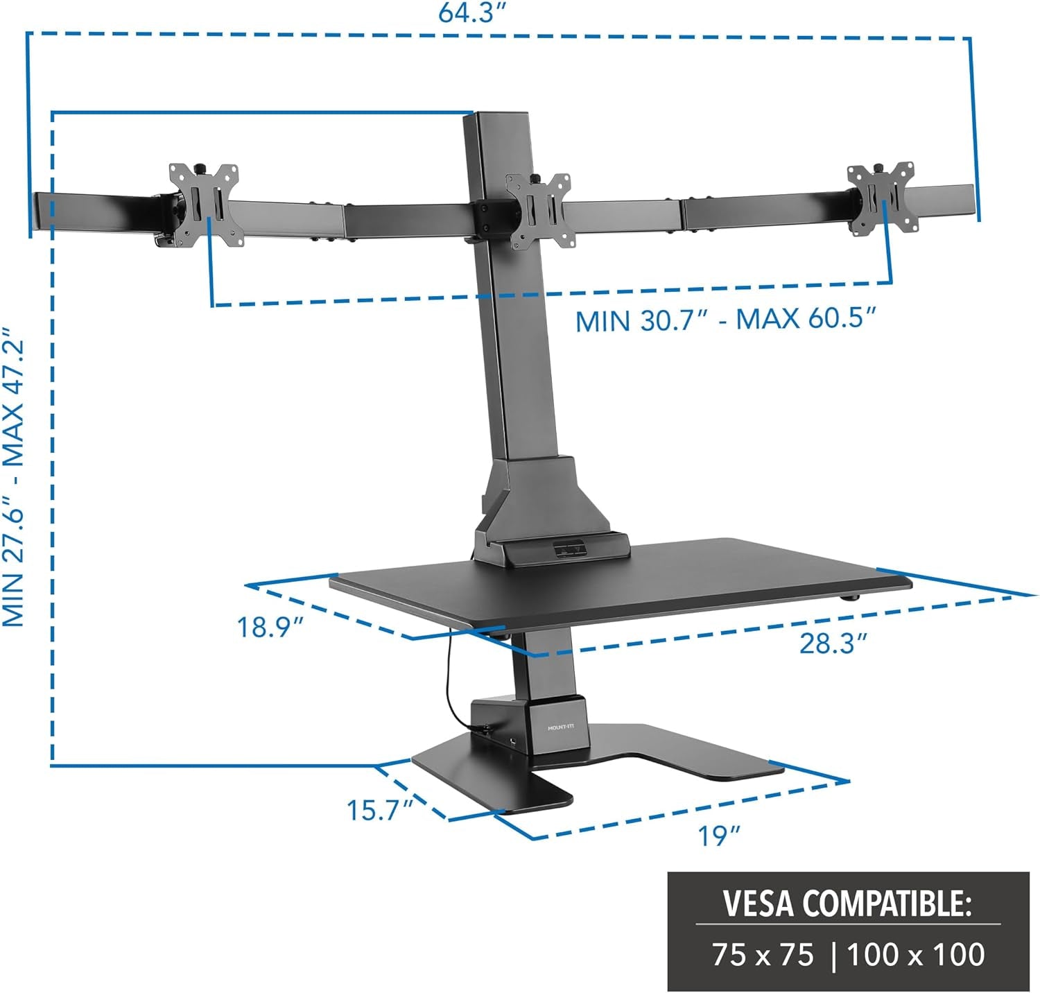 Triple Monitor Electric Standing Desk Converter with Height Adjustable Desktop, 3 Mounts for 13–32 in Screens, Sit-Stand Workstation, Black