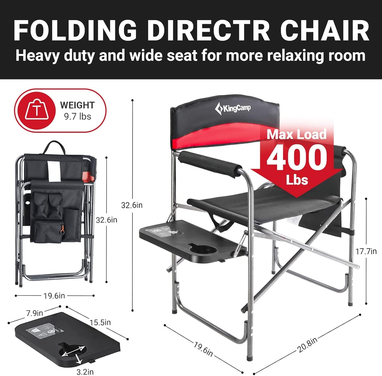Heavy Duty Camping Director Chair, Folding with Side Table & Storage, Red