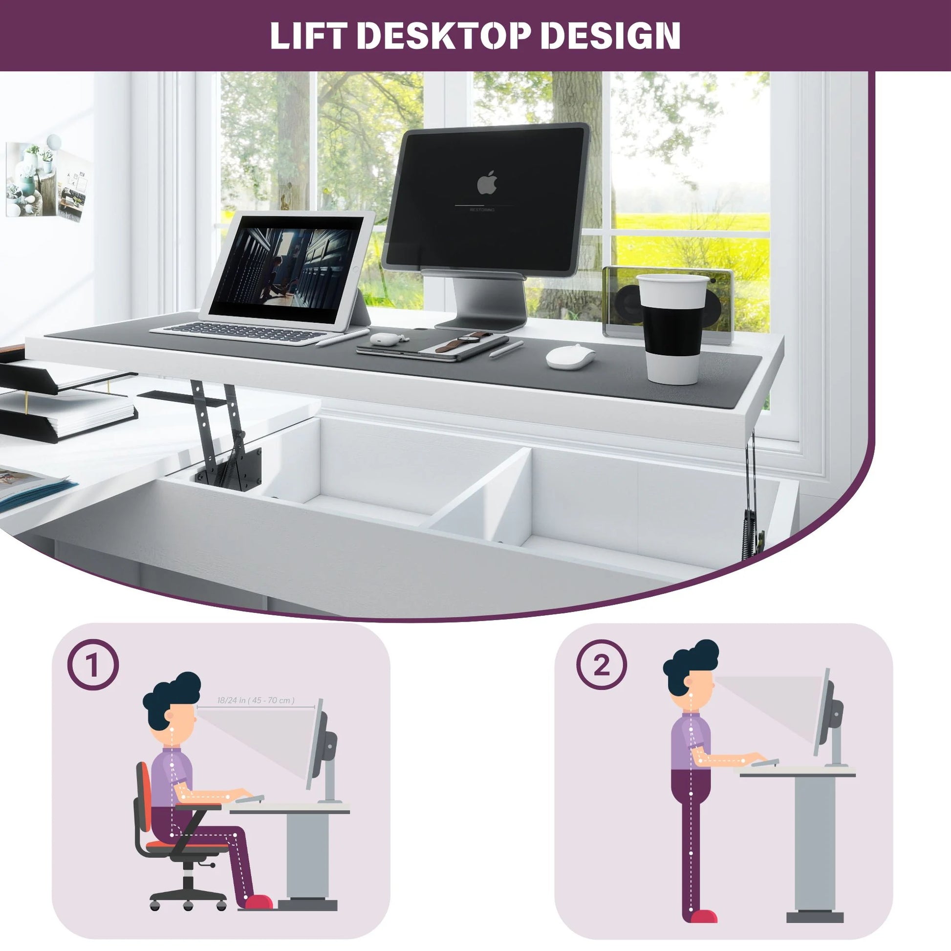 Lift Top L-Shaped Desk with Charge Station, Corner Standing Desk with File Drawers for Home Office