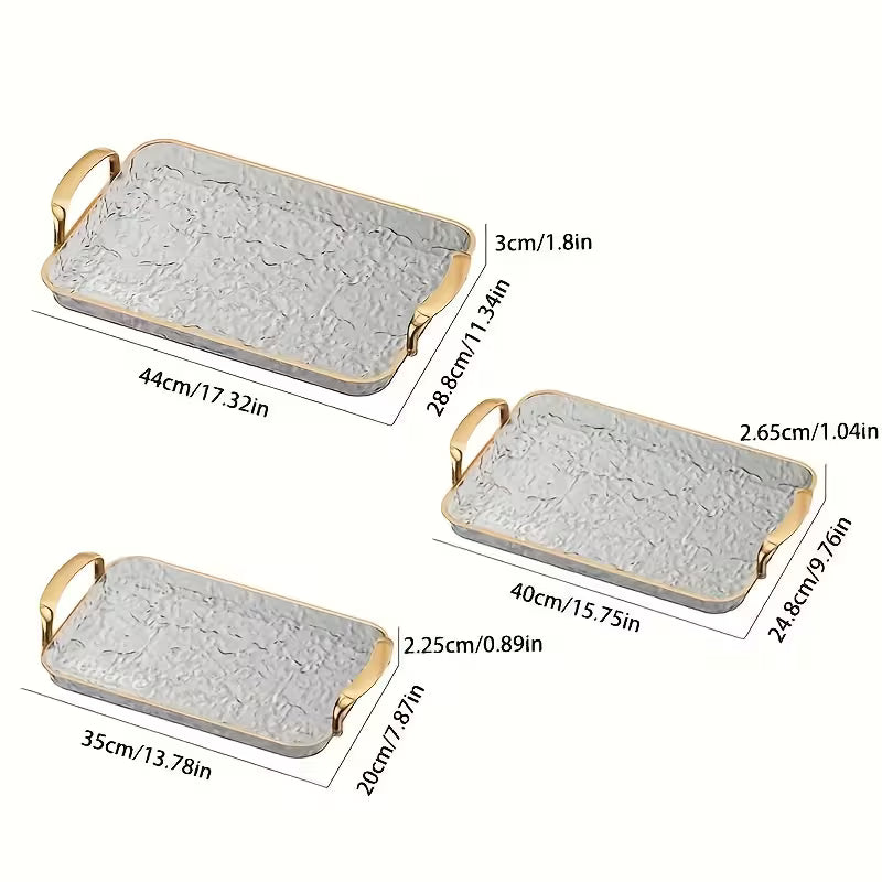 3-Piece Clear Serving Tray Set with Gold Rims, Large to Small