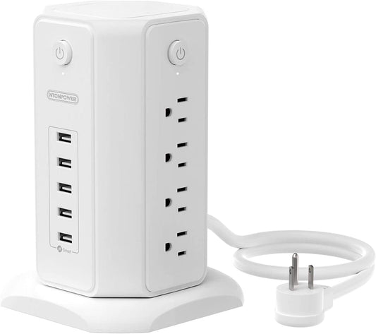 Power Strip Tower Surge Protector – 8 Outlets + 5 USB Ports, 1625W/13A, 6ft Flat Plug Extension Cord, Individual Switches, 1080 Joules, Overload Protection (Black)