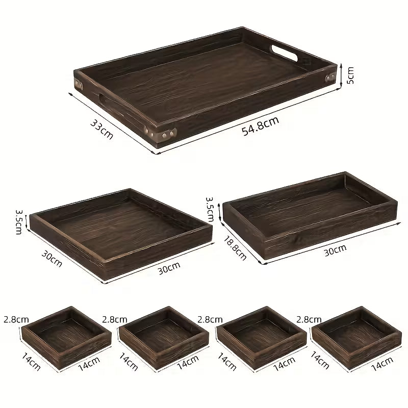 7-Piece Paulownia Wood Nesting Serving Tray Set, Wood-Grain Decor