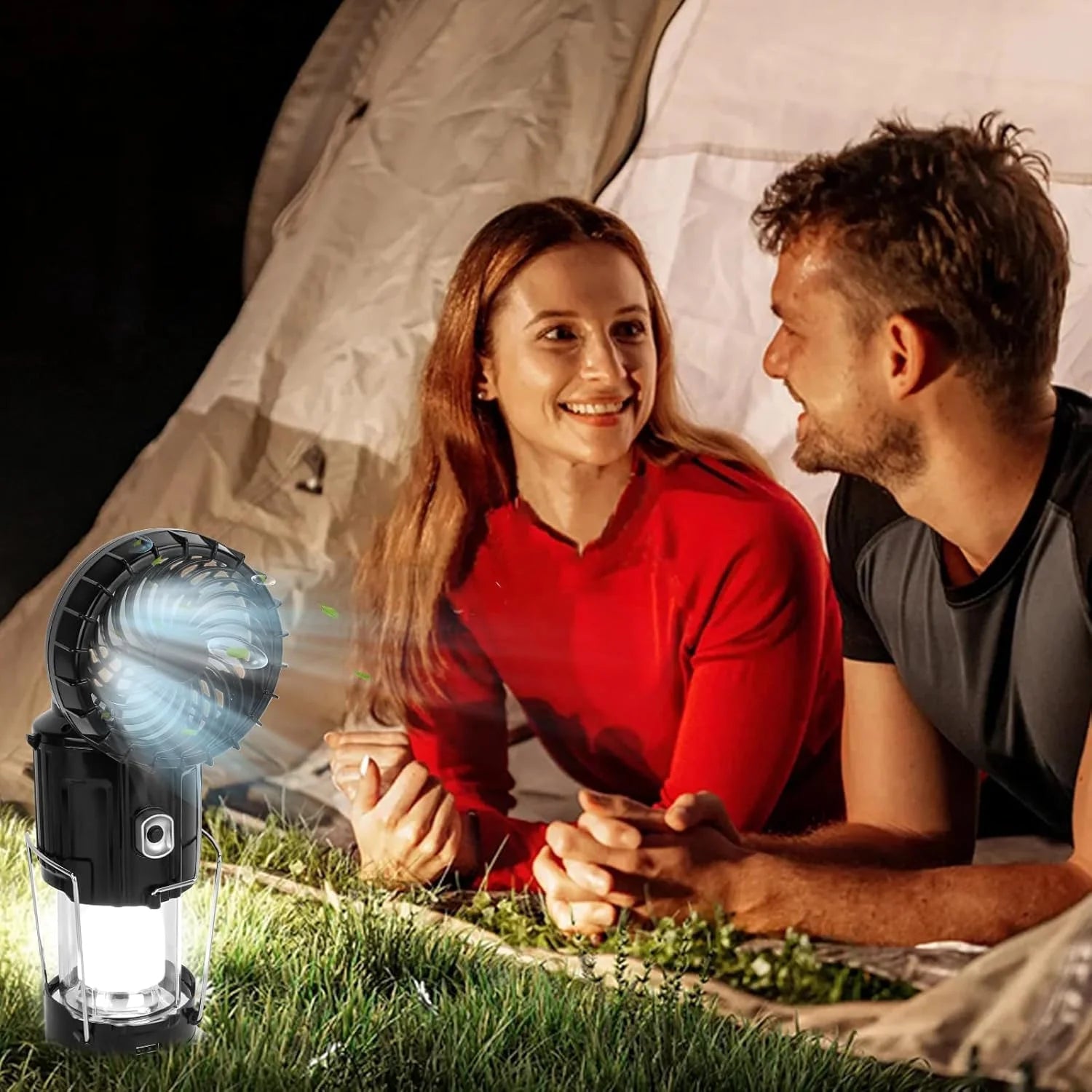 Solar Camping Lantern with Rechargeable Battery, Collapsible LED Light and Integrated Cooling Fan, Portable Emergency Light for Outdoor, Black