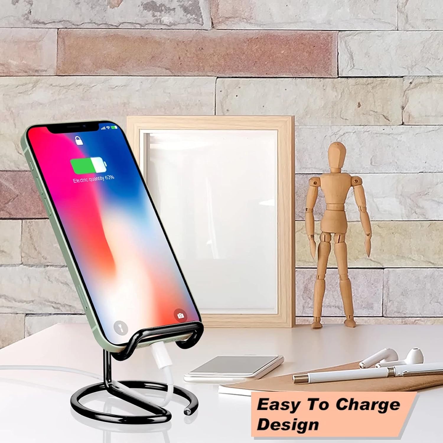 Cell Phone Stand for Desk, Cute Metal Black Cell Phone Stand Holder Desk Accessories, Compatible with All Mobile Phones, Iphone, Ipad