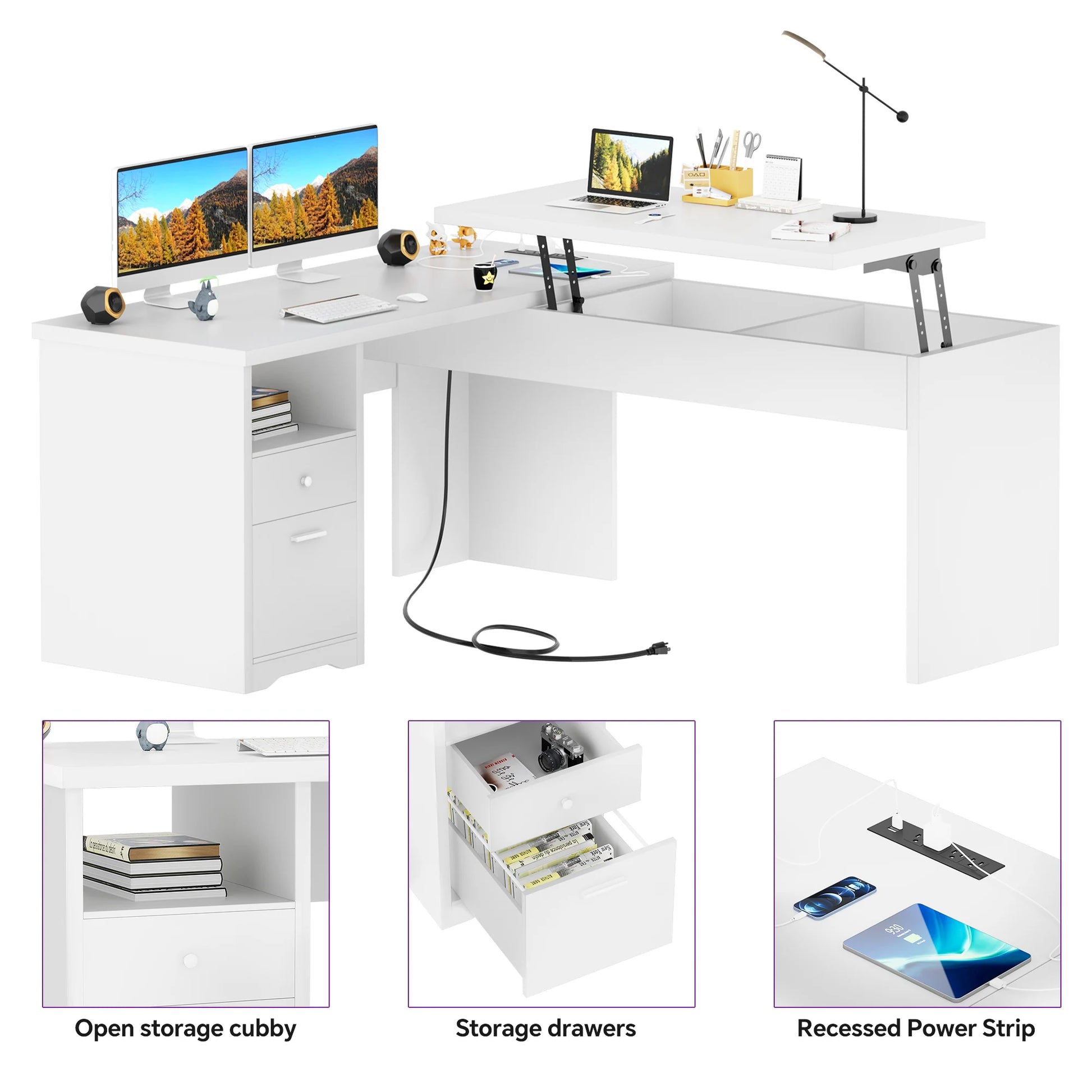Lift Top L-Shaped Desk with Charge Station, Corner Standing Desk with File Drawers for Home Office