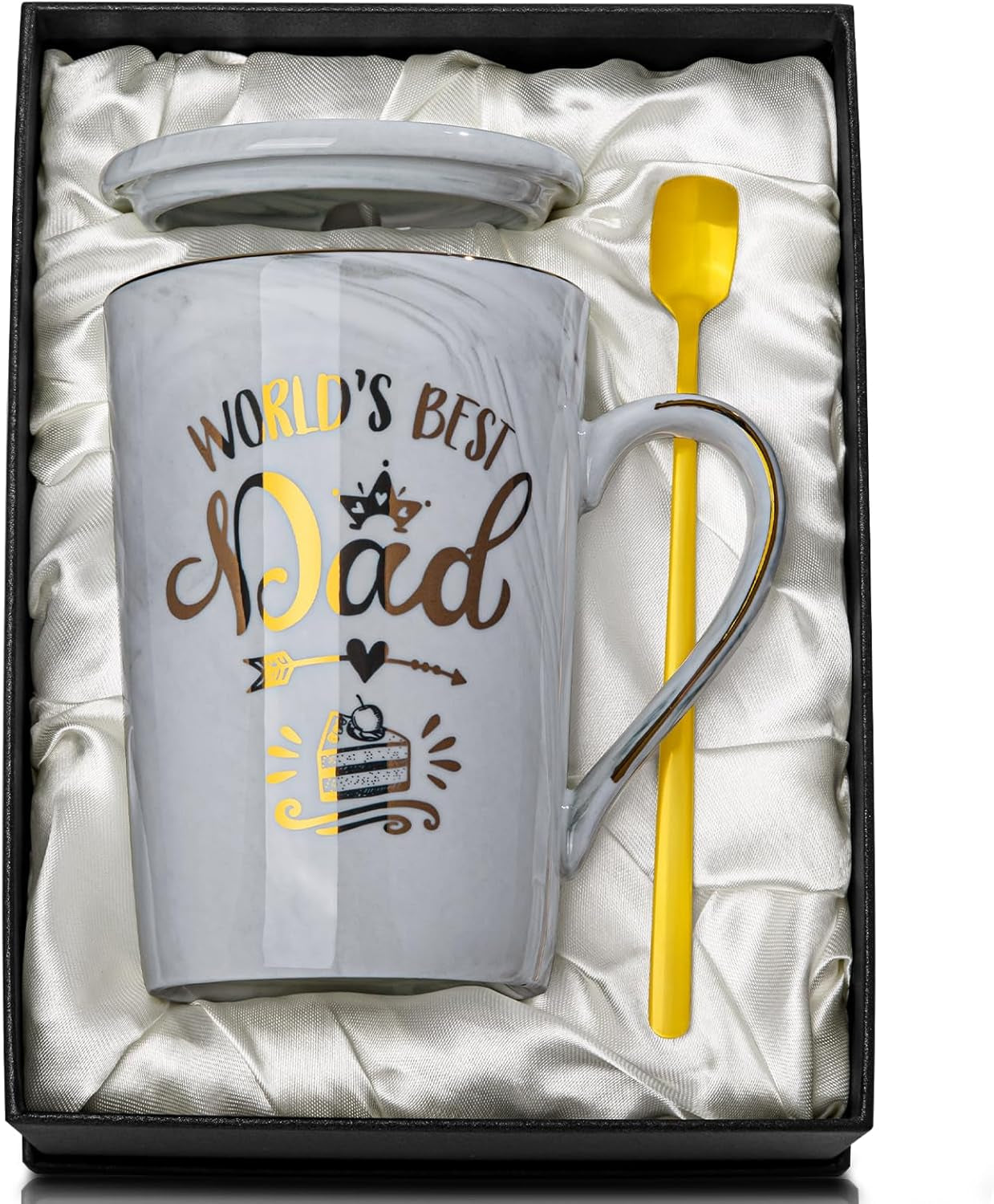 Fathers Day Birthday Gifts Presents for Dad from Daughter Son - World'S Best Dad - Funny Daddy Mug with Gold Print, 14Oz Grey Marble Ceramic Coffee Cup, with Lid Spoon Greeting Card, Nice Gift Boxed