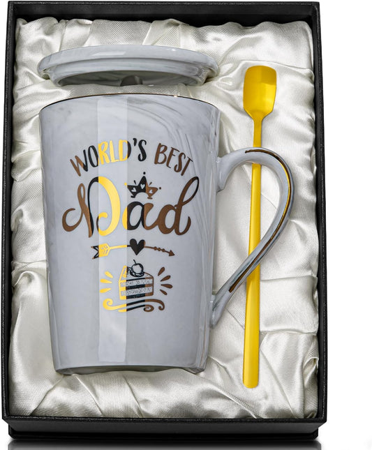 Fathers Day Birthday Gifts Presents for Dad from Daughter Son - World'S Best Dad - Funny Daddy Mug with Gold Print, 14Oz Grey Marble Ceramic Coffee Cup, with Lid Spoon Greeting Card, Nice Gift Boxed