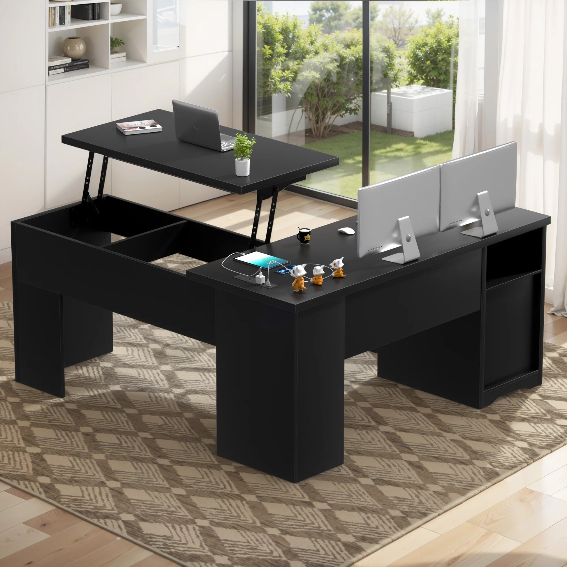 Lift Top L-Shaped Desk with Charge Station, Corner Standing Desk with File Drawers for Home Office