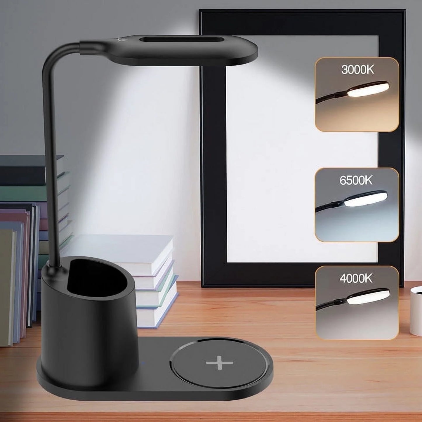Small Led Desk Lamp for an Office in Home with USB Port and Wireless Charging - 3 Modes Dimmable Gooseneck Desk Light（Black）